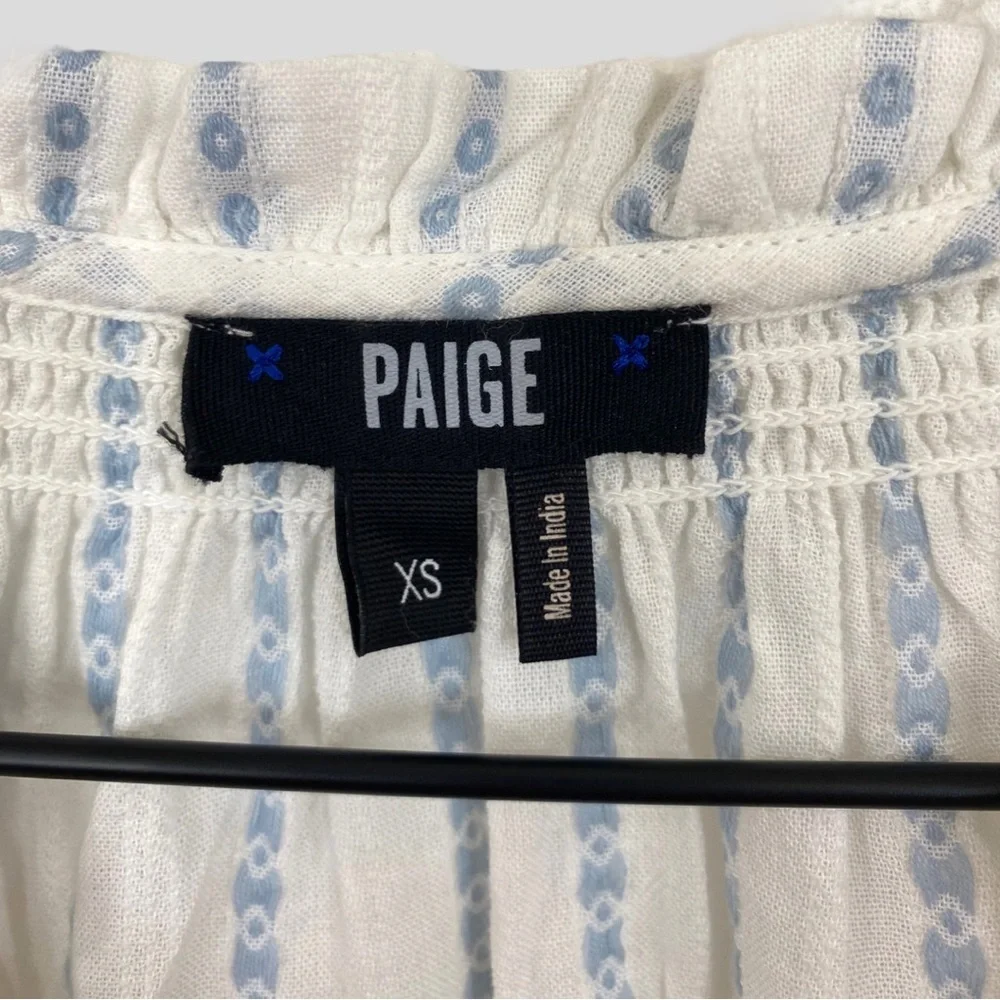 Paige White + Blue Embroidered Tie Waist Tassel Detail Cropped Shirt Size XS